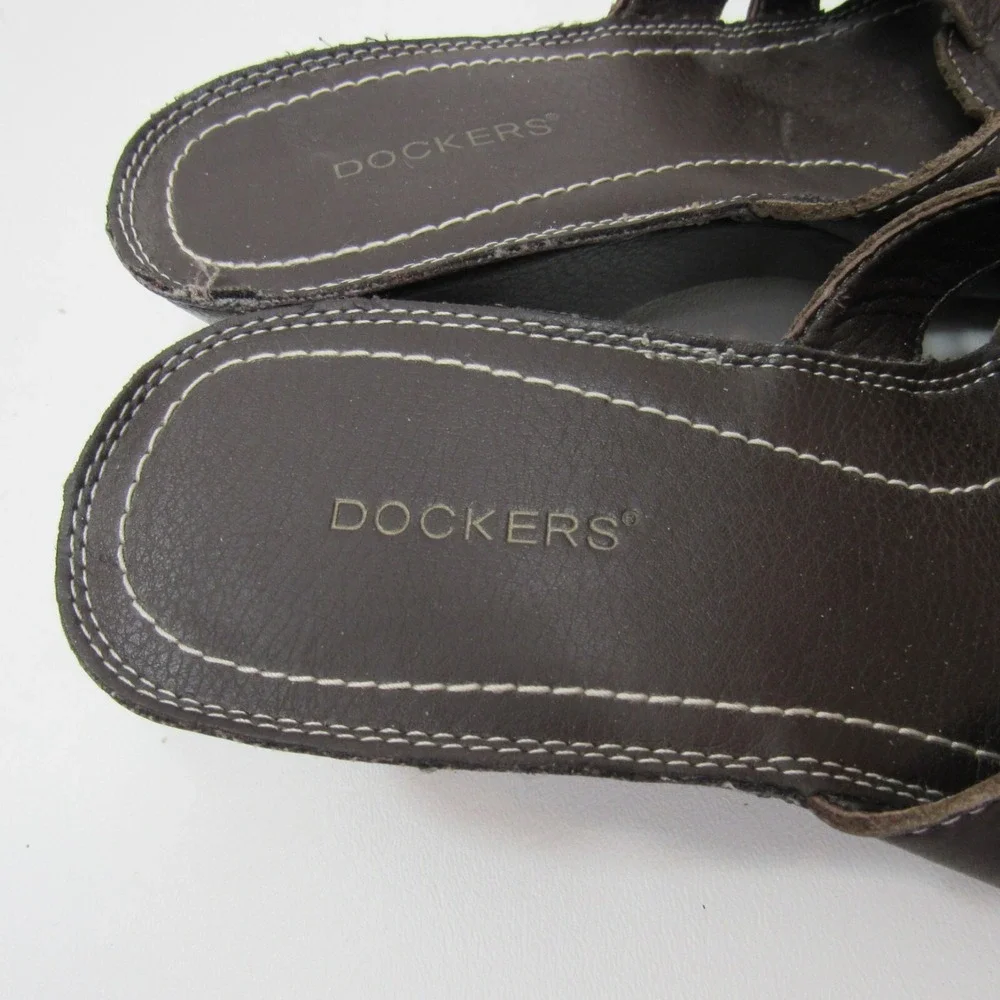 Dockers Womens Dark Brown‎ Leather Wedge Slide Sandals Size 7.5W